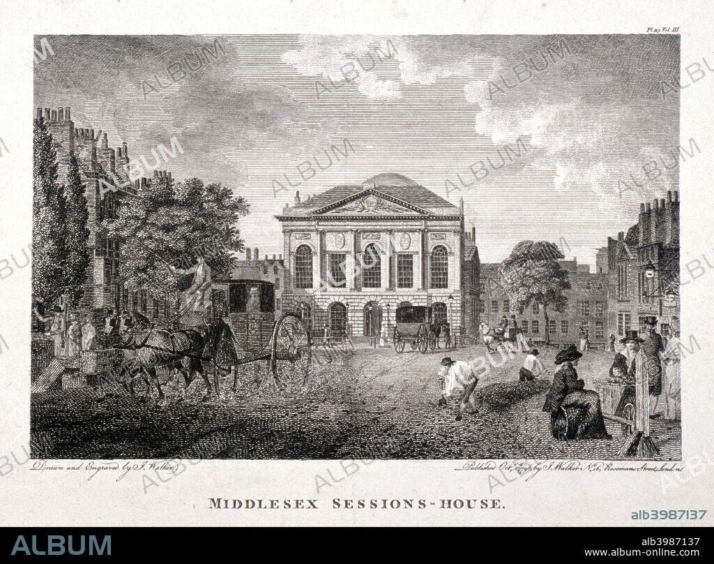 View of the Middlesex Sessions House on Clerkenwell Green, Finsbury, London, 1796; with figures and horse drawn carriages.