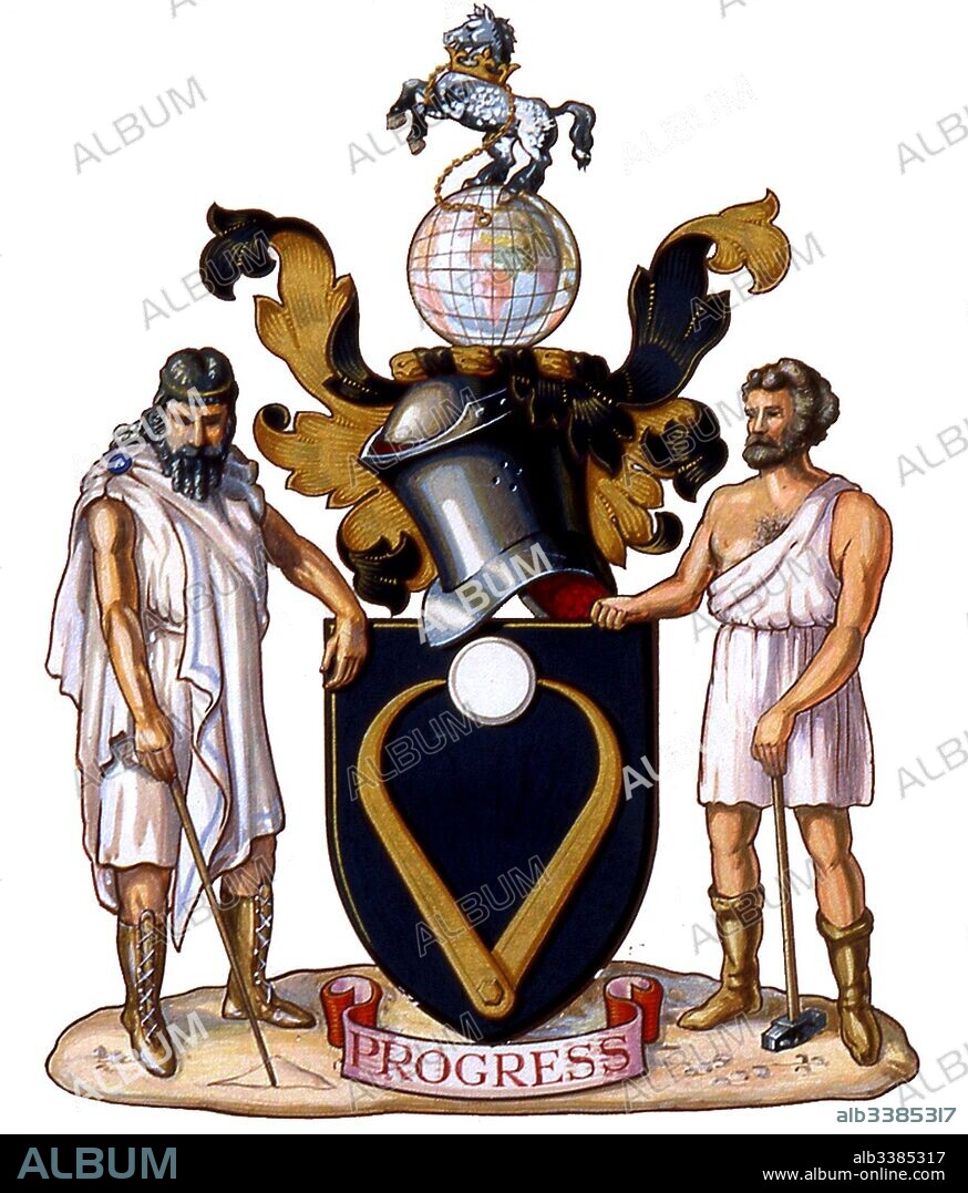 Institution of Mechanical Engineers (IMechE) Coat of Arms, from the Royal Charter, 1930. A horse powers the world, calipers measure it and the Greek polymath Archimedes and the Roman God of Fire/metalwork Vulcan are pictured.