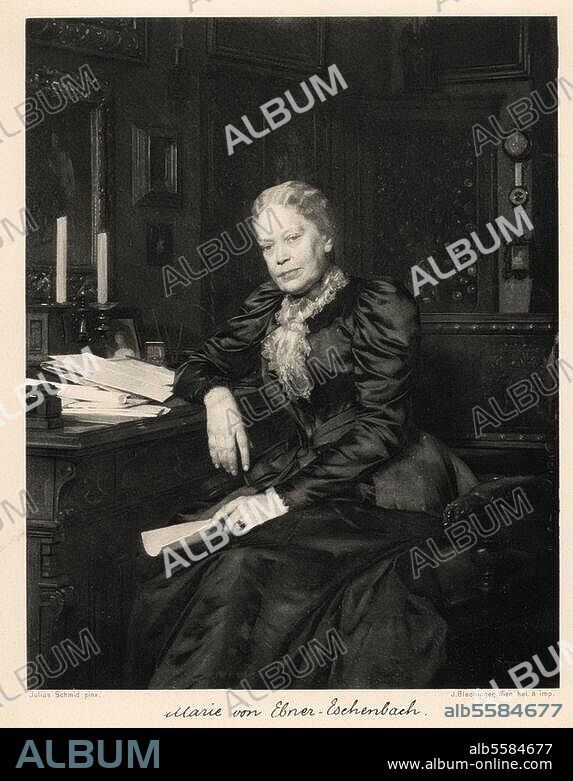 Ebner-Eschenbach, Marie baronne de, née comtesse de Dubsky, épouse de (Moritz) von E.-E. ; romancière et dramaturge allemande ; Zdislawitz (Moravie) 13.9.1830-Vienne 12.3. 1916. - Portrait. Peinture de Julius Schmid (1854-1935). Vienne, Wien Museum.