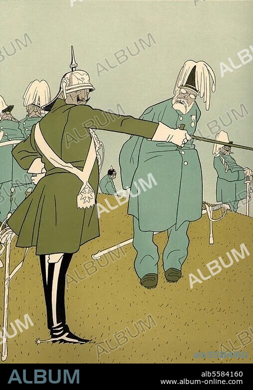 Wilhelm II, German Kaiser (1888-1918). 1859-1941. / - "Imperial manoeuvres -His Majesty explains the enemies' positions to Prince Ludwig of Bavaria". (Caricature. Colour lithograph, 1909, from a drawing by Olaf Gulbransson (1873-1958). From: O.Gulbransson, Aus meiner Schublade, Munich (A.Langen). 1912, No. 20. Berlin, Sammlung Archiv für Kunst und Geschichte.