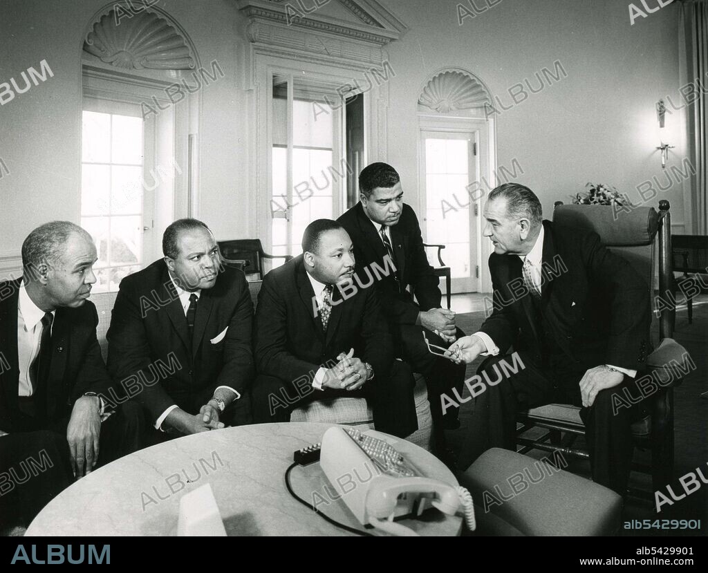 January 28, 1964 -- Civil Rights leaders (l to r) Roy Wilkins, James Farmer, Dr. Martin Luther King, Jr. and Whitney Young meet with President Lyndon B. Johnson at the White House, WAshington, DC, Abbie Rowe Photo.