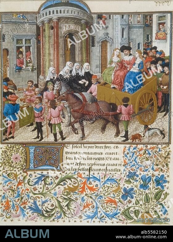 Boccaccio, Giovanni; Italian poet and Humanist; 1313-1375. Works: Teseida (c. 1340). "Theseus in Athens". French illumination, c. 1470. From the oldest French translation. property of King René d'Anjou Cod. 2617 fol 39. Vienna, Austrian National Library.