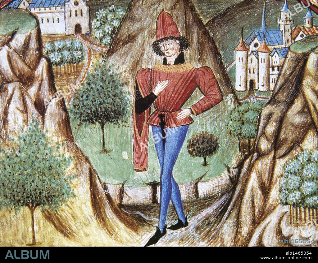 SOCIEDAD MEDIEVAL. "JOVEN CABALLERO AFAMADO EN EL AMOR Y EN LA GUERRA". Miniatura del "Libro de las Cien Baladas", fechado en el siglo XV. Castillo de Chantilly. Francia.