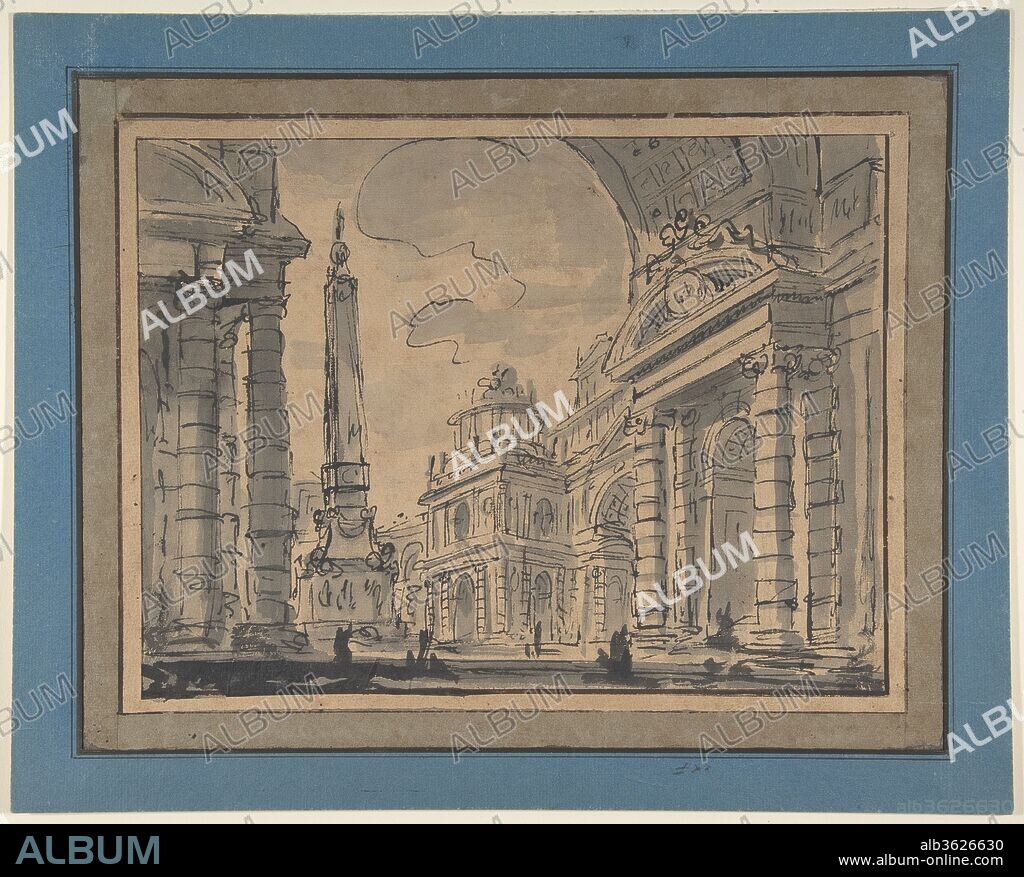 An Architectural Capriccio; a View Through a Great Arch with an Obelisk in a Piazza in the Middle Distance. Artist: Charles Michel Ange Challe (French, Paris 1718-1778 Paris). Dimensions: 8 1/4 x 11 in.  (20.9 x 28.0 cm). Date: 18th century.