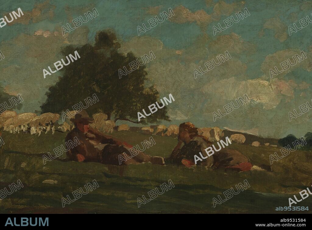 WINSLOW HOMER. Underneath a sunny sky with light windswept clouds, a boy and girl rest in a meadow, while a large tree and grazing sheep are behind them. Date: 1878. Brush and oil paint on canvas.