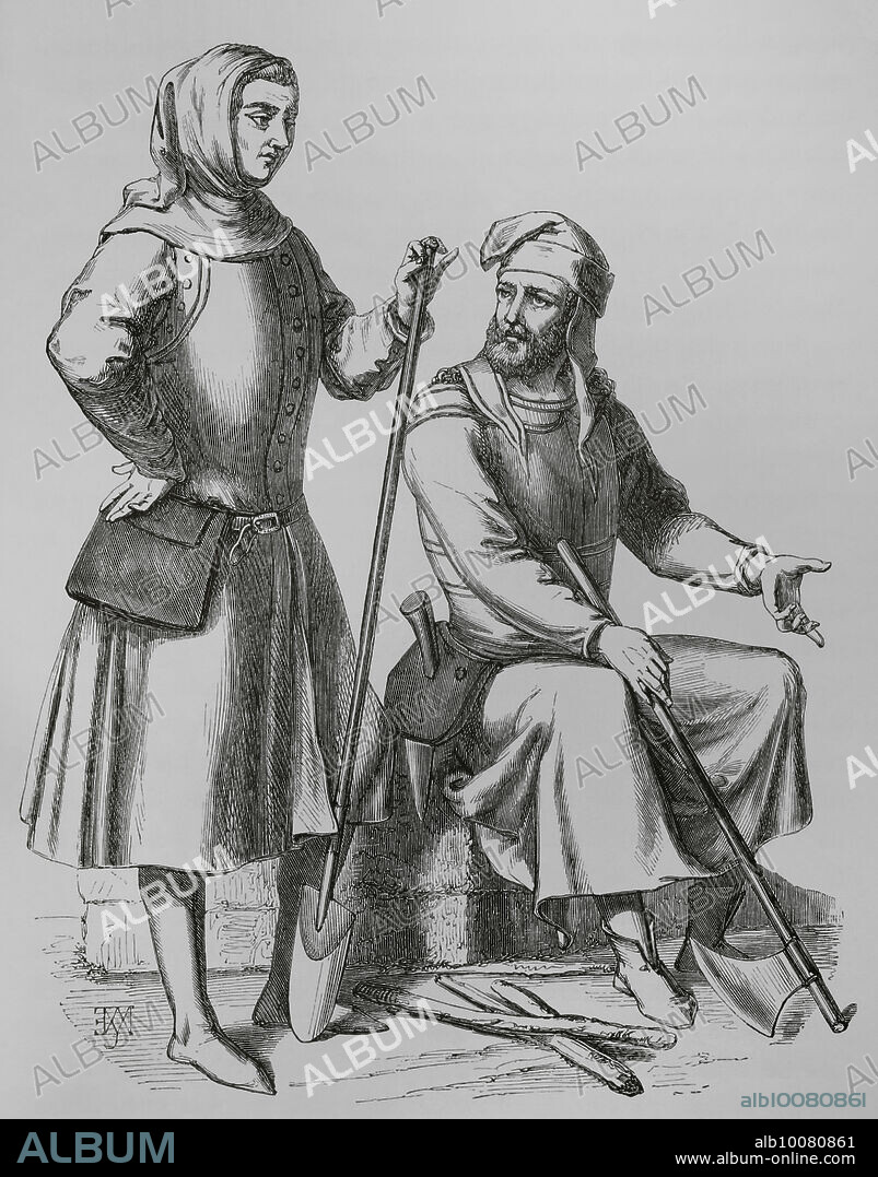 Italian gardener and woodcutter in the 14th century. Engraving. "Moeurs, usages et costumes au moyen-âge et à l'époque de la Renaissance", by Paul Lacroix. Paris, 1878.