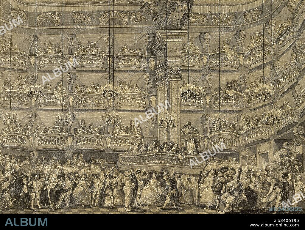 Spain. Madrid. Dance of masks given in the Teatro del Pri_ncipe, 1770. Engraving by Juan Antonio Salvador Carmona y Garci_a (1740-1805) before a painting by Luis Paret y Alcazar (1746-1799).