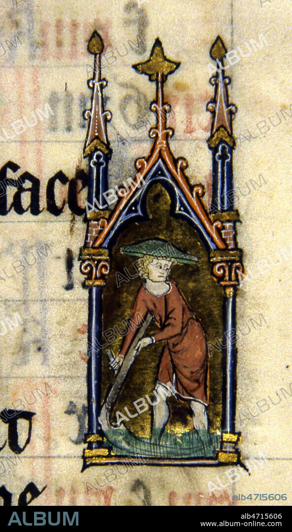 Juin : la fenaison. Enluminure tiree du Livre d'heures de Mahaut d'Artois, datant du debut du 14eme s. (14e, XIVe s.). Manuscrit conserve a la bibliotheque municipale de Cambrai. Credit : Collection JEAN VIGNE / KHARBINE-TAPABOR.