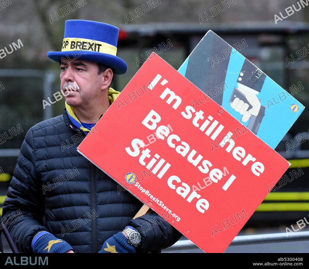 Photograph of Brexit activist Steve Bray from Port Talbot, South Wales. Bray made daily protests against Brexit in College Green, Westminster throughout 2018 and 2019..