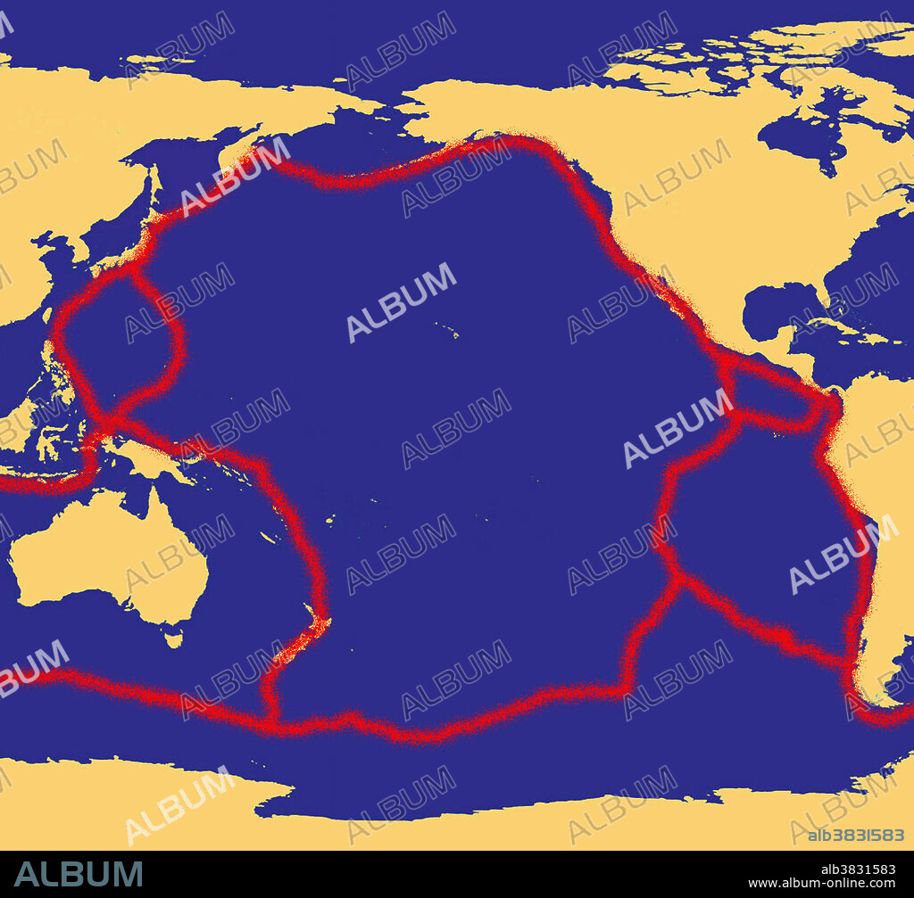 Map of the Pacific, showing the 'Ring of Fire,' which follows the contours of the tectonic plates (in red). About 90% of the world's earthquakes and 81% of the world's largest earthquakes occur along the Ring of Fire, which is also home to over 75% of the world's active and dormant volcanoes. This intense seismic and volcanic activity is caused by the movement of tectonic plates in the Earth's crust under the ocean moving against those under the land.