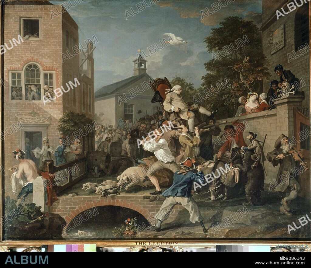 The Election - Chairing the Members. by William Hogarth 1697-1764 . in Sir John Soane's Museum, London. In The Election Hogarth produced four pictures that illustrated the Oxfordshire parliamentary election of 1754. Taken together, the four paintings show the evolving sequence of events during election day. The first three paintings, Election Entertainment, Canvassing for Votes and The Polling provides details of the type of corruption that took place in 18th century elections. In the final painting, Chairing the Member the winning Tory candidate's supporters celebrate his victory. ©2006 TopFoto.