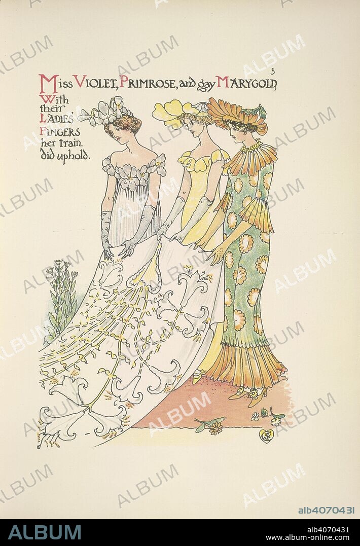 Miss Violet, Primrose and gay Marygold. Three young ladies. A Flower Wedding. Described by two wallflowers. Decorated by Walter Crane. Cassell & Co.: London, 1905. Source: 12812.b.54, page 5. Language: English.