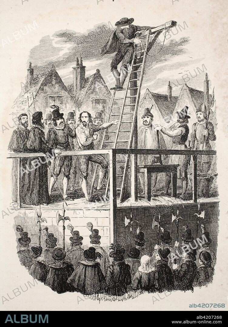 Execution of Guy Fawkes,  Illustration from "Guy Fawkes, or the Gunpowder Treason: an Historical Romance", by William Harrison Ainsworth, pub. 1841 (engraving). Guy Fawkes (1570 - 1606) was executed on 31 January 1606, after the discovery of the 'Gunpowder Plot' to blow up the Houses of Parliament.