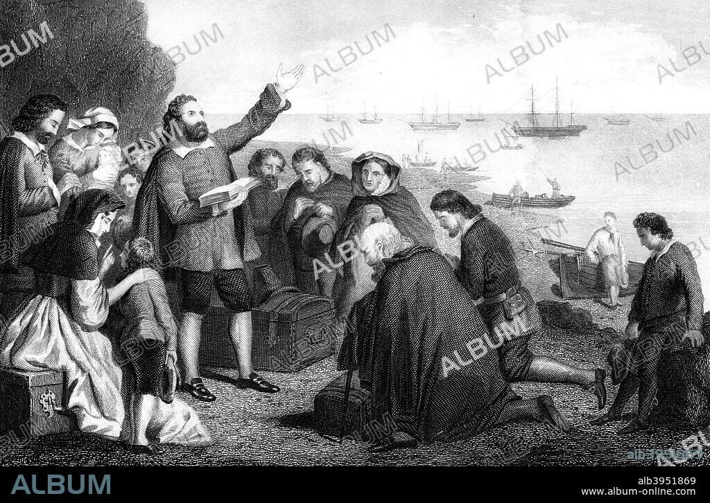 Embarkation of the Pilgrim Fathers, 1620. The Pilgrim Fathers, members of the English Separatist Church sect of Puritans fled religious persecution in 1609, becoming exiles in the Netherlands. They decided to seek a new life in the New World, and sailed from Delft in a small ship, the 'Speedwell', to rendezvous with another vessel, the 'Mayflower'. It transpired that only the Mayflower would be able to withstand the rigours of the trnsatlantic voyage, and all the Pilgrims set sail aboard her from Plymouth. They landed in New England 102 days later.