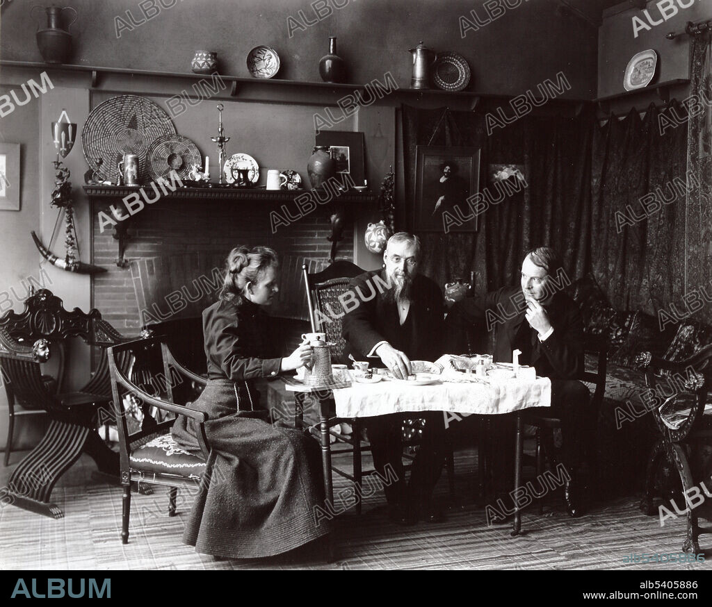Johnston having tea with Elbert Hubbard (far right) and and lecture manager James Burton Pond (center) at her studio in Washington, D.C. Frances "Fannie" Benjamin Johnston (January 15, 1864 - May 16, 1952) was an American photographer and photojournalist. She received training in photography from Thomas Smillie, director of photography at the Smithsonian. She took portraits of many famous contemporaries. In the 1920s, she became interested in photographing architecture, documenting buildings and gardens which were falling into disrepair or about to be redeveloped and lost. Elbert Green Hubbard (June 19, 1856 - May 7, 1915) was an American writer, publisher, artist, and philosopher.
