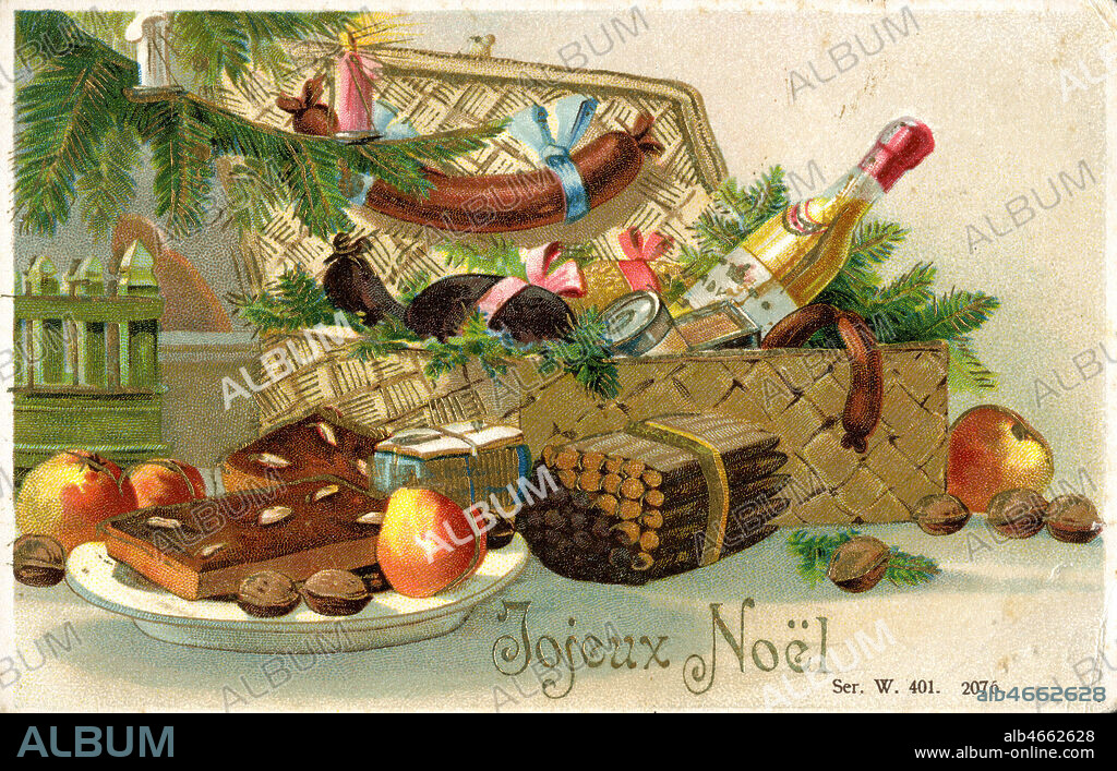 Joyeux Noel (Victuailles fruits, fruits secs, cigare, saucisse gateau, conserve, vin sous lke sapin). Illustration anonyme pour une carte postale vers 1900. Credit : IM/Kharbine-Tapabor.
