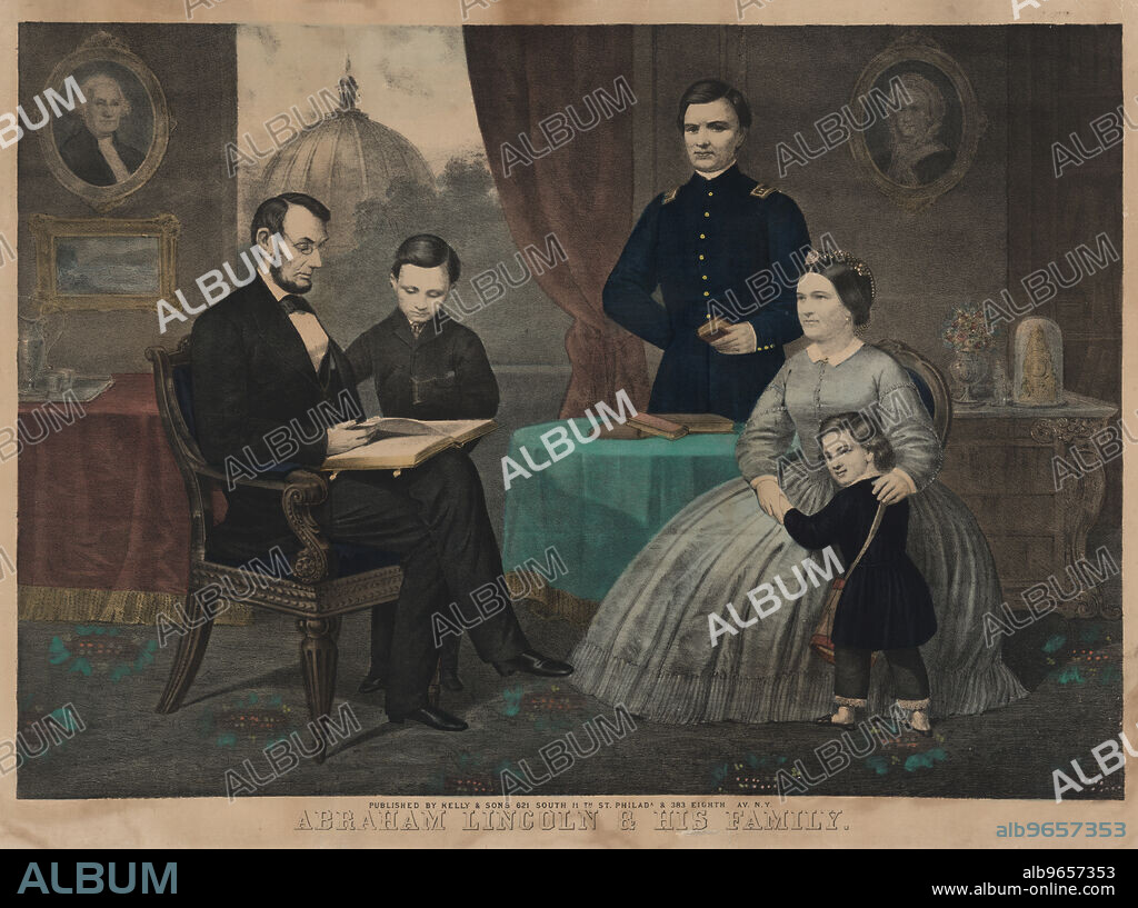 Abraham Lincoln and his Family, from Left Abraham Lincoln, William Lincoln, Robert Lincoln, Mary Todd Lincoln, Thomas Lincoln, Lithograph Published by Kelly & Sons, 1861.