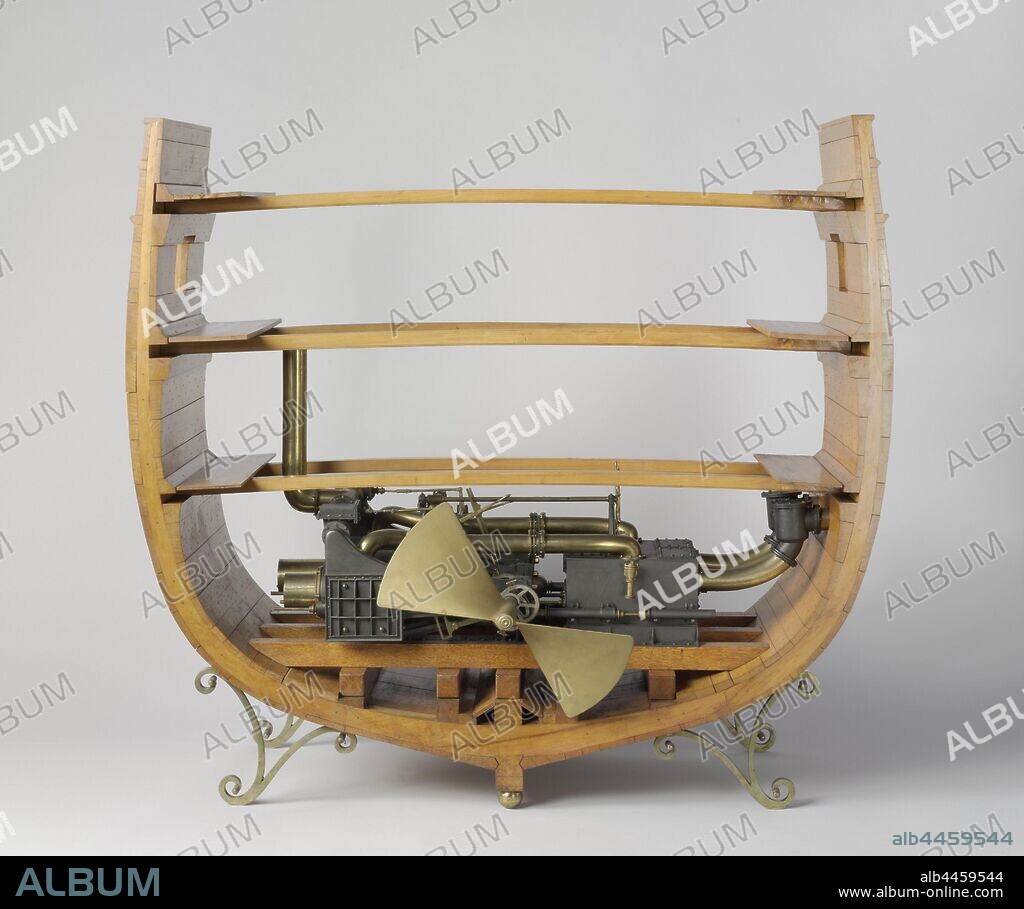 Model of a trunk engine, Model of a Trunk Engine, Model of a 150 hp trunk machine or tubular machine placed in a cross section of a ship. No boiler, the propeller shaft is shortened and provided with a two-blade parabolic propeller, the machine can be turned with a crank. The model shows: two horizontal cylinders with tubes, condenser cabinet with four air pumps, two steam valves with double eccentric on the crankshaft and regulator on top of the condenser, steam supply controller on extra eccentric. In this directly working machine, designed by John Penn, the piston was provided with a round pipe, called the trunk, which protrudes through the cylinder and moves in it: the trunk replaces the piston rod and closes the cylinder. The crank is directly attached to the piston in the trunk with a pin and can move up and down with the crankshaft while moving back and forth with the trunk. The whole made the transmission much more compact, so that the machine could be placed in the width of the ship., Petrus van der Loo, Netherlands, 1855, wood (plant material), brass (alloy), iron (metal), h 84.5 cm × w 82.5 cm × d 37 cm.
