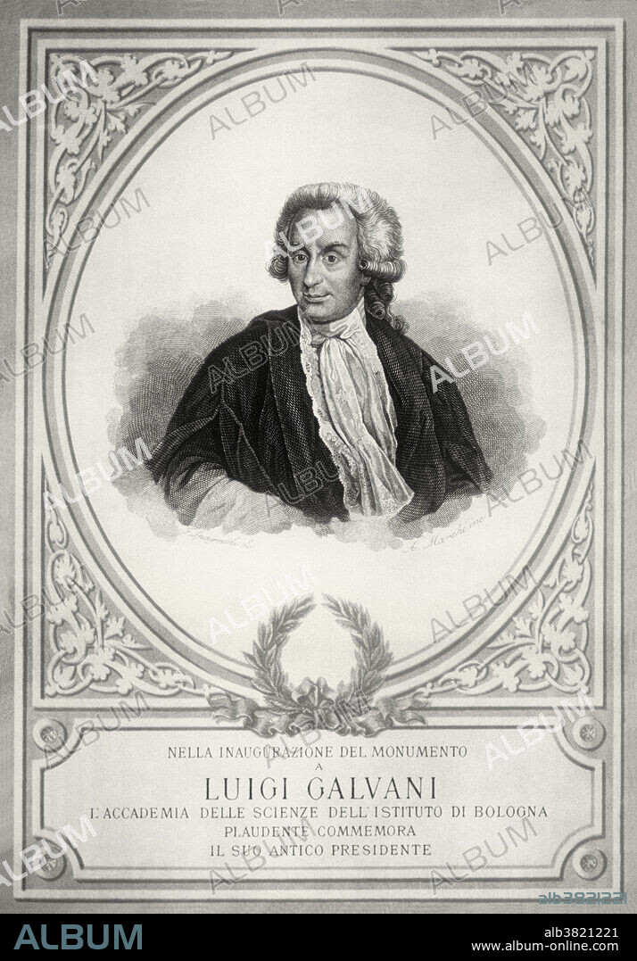 Luigi Galvani (1737-1798), Italian physician and physicist. A teacher of medicine in Bologna, Galvani's great interest was anmal electricity. In one experiment he applied current to the nerves of a frog and observed the contractions of the muscles in their legs. This led to widespread speculation on the relationship of biology, chemistry and electricity. His theoretical foundation was later corrected by Alessandro Volta.