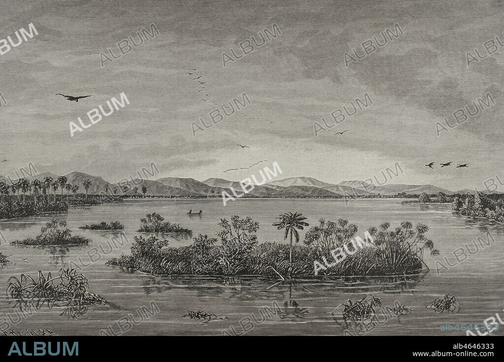 Historia de Africa. Siglo XIX. Islas flotantes en el Alto Congo. Grabado. El Congo y la Creación del Estado Independiente de este nombre. Historia de los Trabajos y Exploraciones Verificados, por Enrique M. Stanley. Editada en Barcelona, hacia 1890. España.