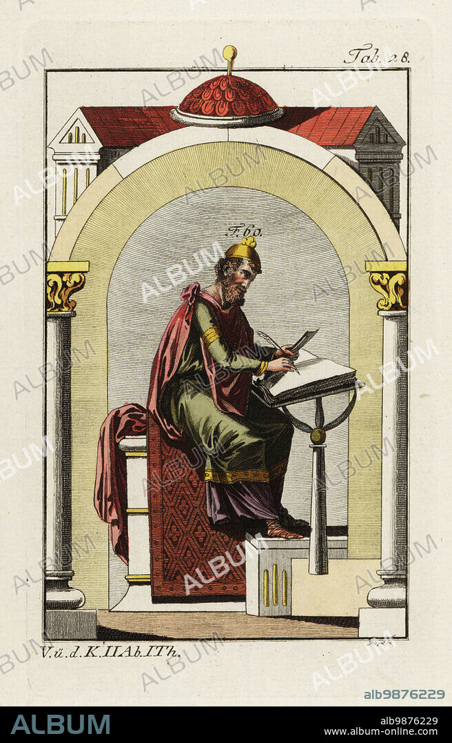 Wulstan II (or Wulfstan), Archbishop of York. The portrait of Wulfstan, the second archbishop of York of that name, is extracted from a manuscript from the 11th century. He is shown in the robes he was accustomed to wear in retirement from the duties of the church. Agreeable to this idea, we find archbishop Wulfstan depicted as seated in his study, writing in a book open before him. Handcolored copperplate engraving from Robert von Spalart's Historical Picture of the Costumes of the Principal People of Antiquity and Middle Ages, Vienna, 1796.