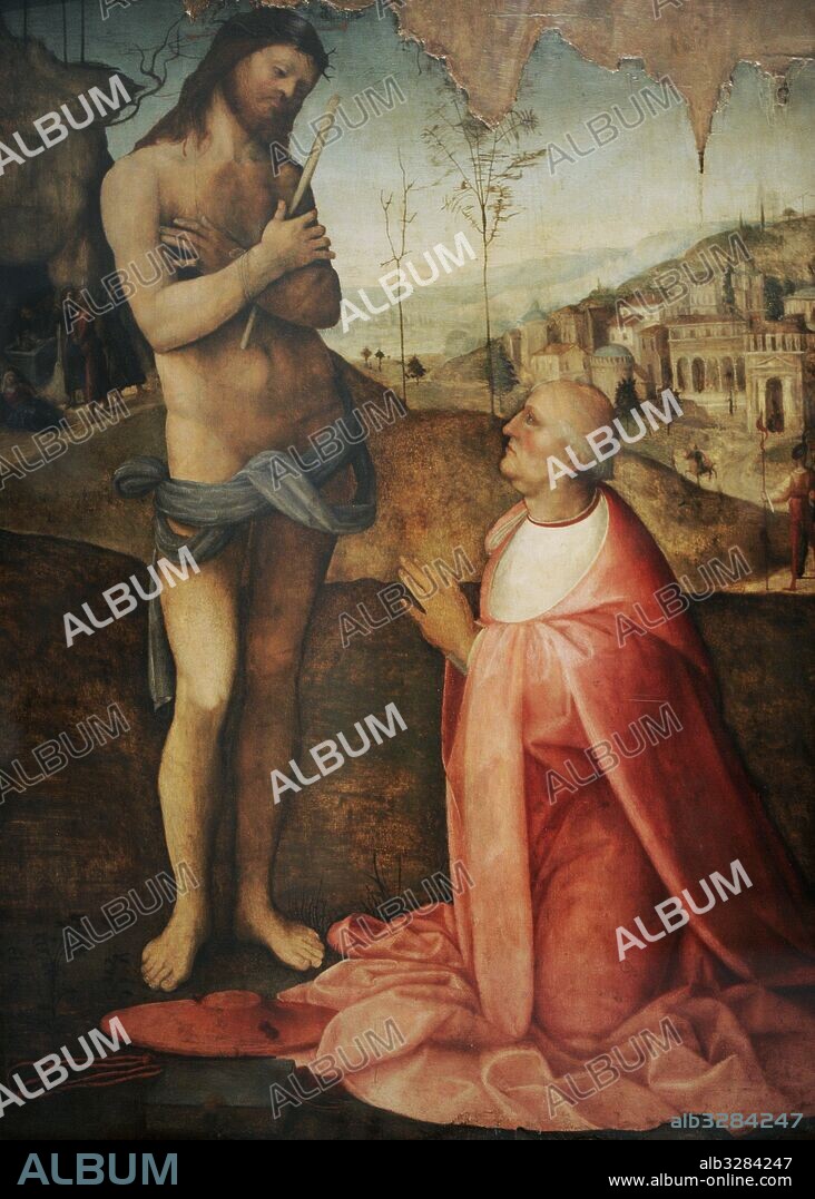 Cesare da Sesto (1477-1523). Italian painter. Christ Suffering and Cardinal Oliviero Carafa in Prayer, ca. 1511. Farnese Collection. National Museum of Capodimonte. Naples. Italy.