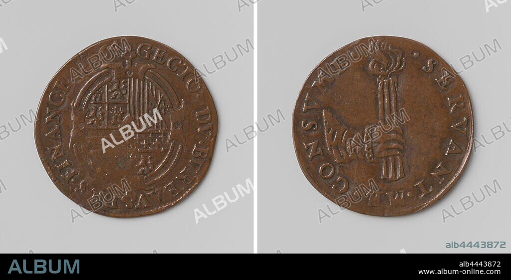 Philip II, King of Spain, counted token charged by order of the Council of Finance, Copper token. Obverse: coat of arms in cartouche inside a circle. Reverse: arm with a burning torch in hand within the circumference, Philip II (King of Spain), Council of Finance, anonymous, 1564, copper (metal), striking (metalworking), d 2.9 cm × w 4.53 gr.