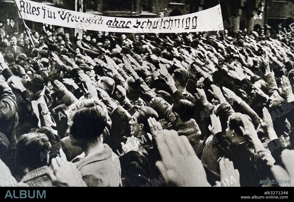 Photographic print of German- Austrian demonstration against Kurt Schuschnigg (1897-1977) Chancellor of the Federal State of Austria until the Anschluss. Dated 20th Century.