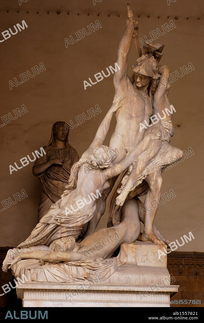"PIRRO RAPTA A POLIXENA PARA SER SACRIFICADA ANTE LA TUMBA DE AQUILES". Grupo escultórico de Pio Fedi (1816-1892). Logia dei Lanzi. Florencia. Italia.