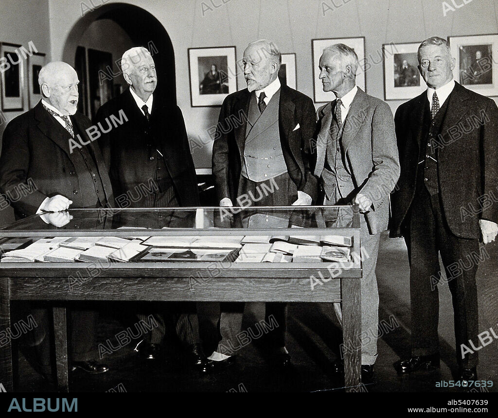 Johns Hopkins University, Baltimore: the opening of the Henry Barton Jacobs Room, 1932. Left to right: William Henry Welch (1850-1934); Blanchard Randall (1902-1942); Henry Barton Jacobs (1858-1939); Harvey Williams Cushing (1869-1939); Fielding H. Garrison (1870-1935).