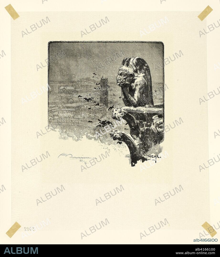 AUGUSTE LOUIS LEPèRE. The Vampire of Notre-Dame, plate nine from Le Long de la Seine et des Boulevards. Louis Auguste Lepère (French, 1849-1918); published by A. Desmoulins (French, active c. 1908-1910). Date: 1890. Dimensions: 132 × 123 mm (image); 231 × 210 mm (sheet). Wood engraving in black on cream Japanese tissue. Origin: France.