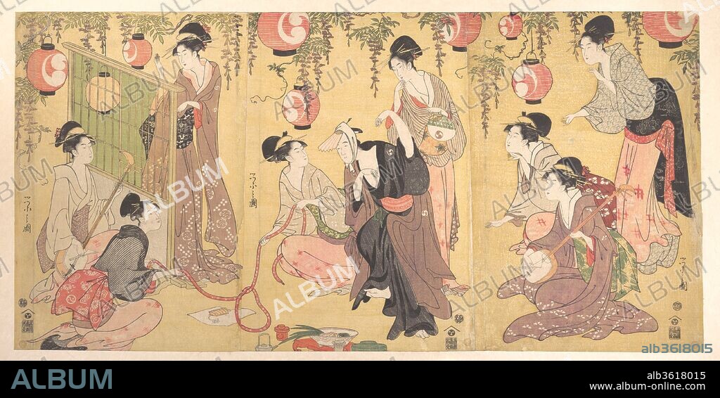A Parody of Yuranosuke in the Pleasure Quarters. Artist: Chobunsai Eishi (Japanese, 1756-1829). Culture: Japan. Dimensions: 14 3/8 x 30 in. (36.5 x 76.2cm). Date: ca. 1797.
Eishi, born of a samurai family, studied under Kano Eisen'in Sukenobu (1730-1790), the fifth-generation head of Kobikicho, one of four Kano academies in Edo. He was granted the artist's name of Eishi by Shogun Tokugawa Ieharu.
Yuranosuke, a kabuki hero from Kana-dehon Cho-ushingura, posed as a playboy to show that he had no intention of taking revenge for his lord, who had been forced to commit suicide.