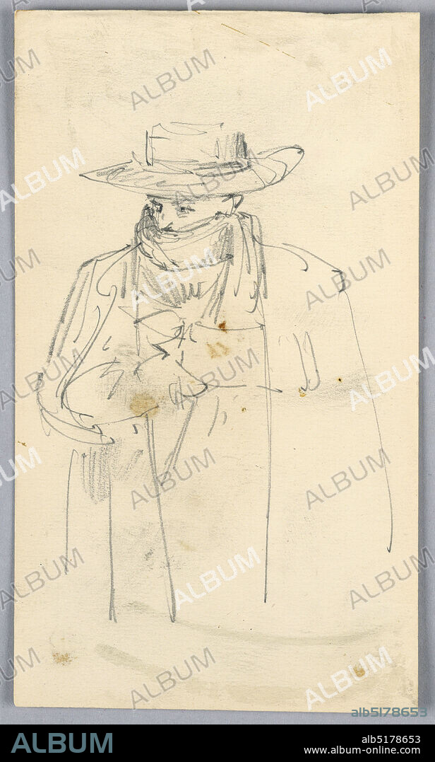Sketch of Man in Coat and Scarf, Arnold William Brunner, American, 18571925, Graphite on paper, Man in overcoat or cape, arms crossed over his chest, wearing a muffler and a wide brimmed hat. Scarf wrapped around face, cover mouth., USA, ca. 1891, figures, Drawing, Drawing.