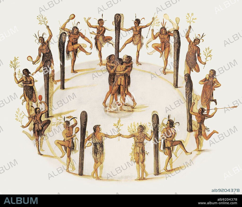 Illustration of Secotan Indians in what is now North Carolina dancing round a circle of wooden posts, on the top of which are carved hooded human faces. Most of the group are wearing fringed apron-skins; their bodies decorated with body paint, and feathers in their hair. They hold twigs and gourd rattles. Three women in the centre are clasped closely together, facing inwards. Painting by John White, c. 1585.