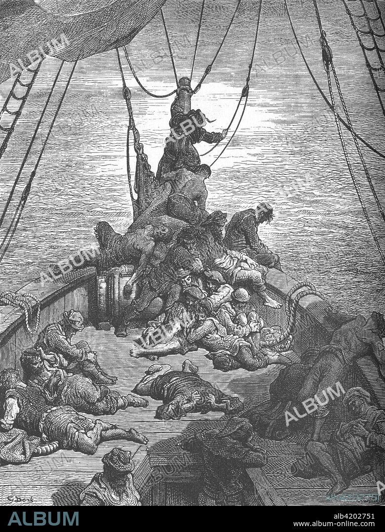 'One of Gustave Doré's Illustrations for The Ancient Mariner', c1870s, (c1950). Scene of desperate sailors on a becalmed ship, from Samuel Taylor Coleridge's The Rime of the Ancient Mariner: 'Water, water every where, Nor any drop to drink.' From The Outline of Literature, edited by John Drinkwater. [George Newnes Limited, London, c1950].