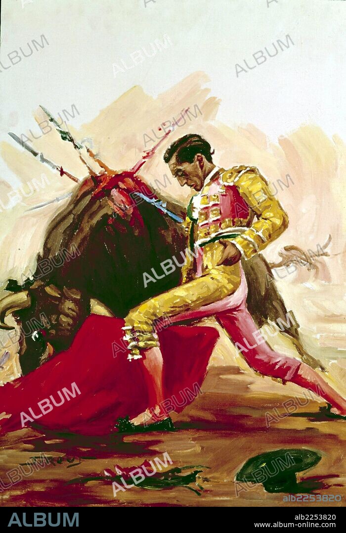 MANOLETE. MANUEL RODRIGUEZ SANCHEZ. MATADOR DE TOROS ESPAÑOL. CORDOBA 1917-1947. " PASE DE MULETA " , OLEO DE J. REUS.
