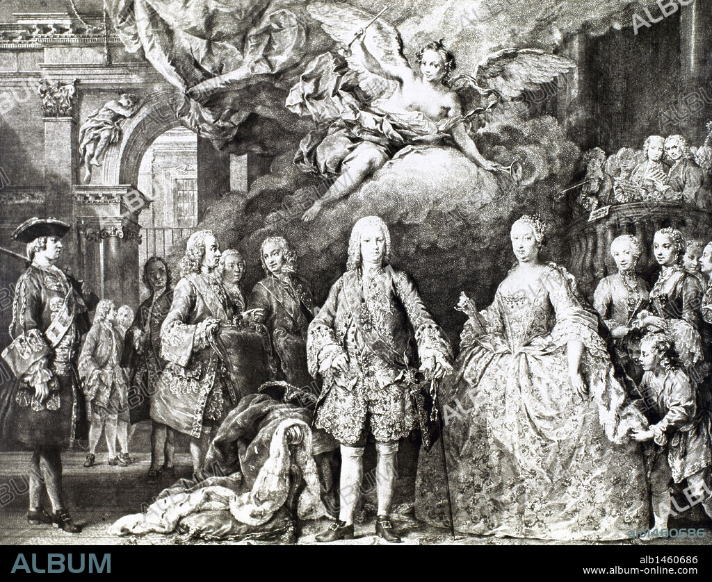 Ferdinand VI of Spain (1713-1759). The Learned. King of Spain.  Ferdinand VI and his wife Barbara of Braganza and his court. Engraving, 18th century.