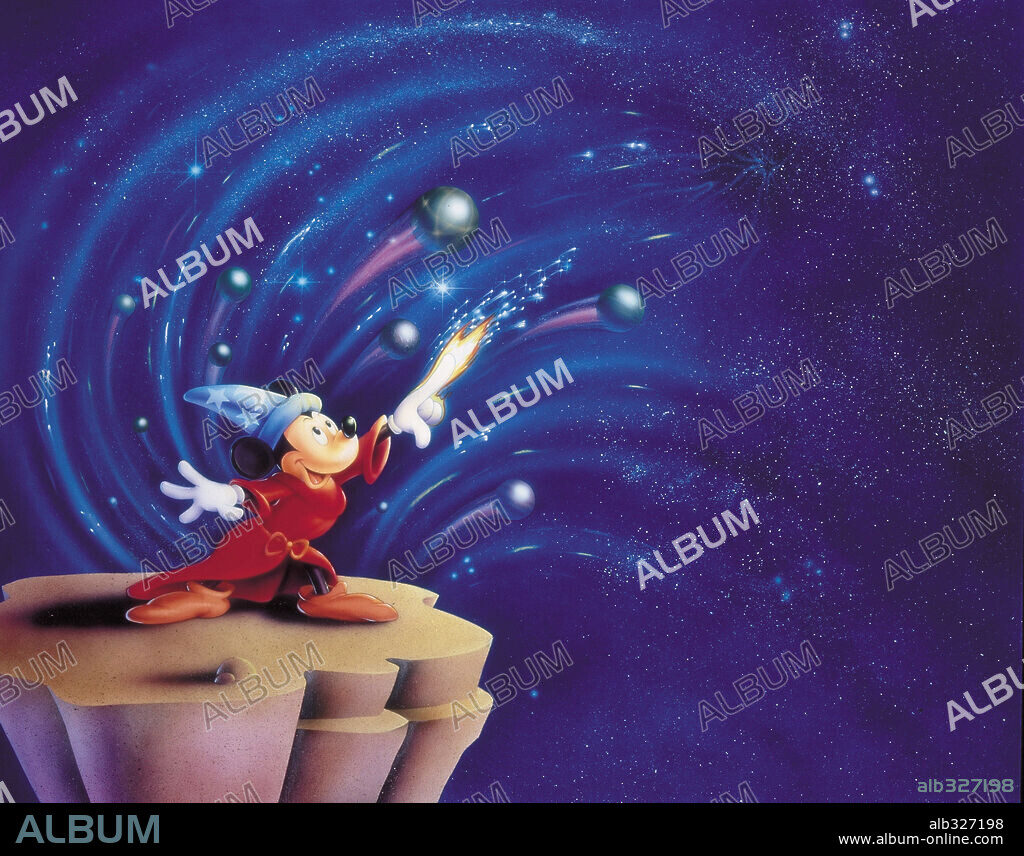 MICKEY MOUSE in FANTASIA, 1940, directed by BEN SHARPSTEEN, FORD BEEBE, HAMILTON LUSKE, JAMES ALGAR, JIM HANDLEY, PAUL SATTERFIELD and WILFRED JACKSON. Copyright WALT DISNEY PRODUCTIONS.