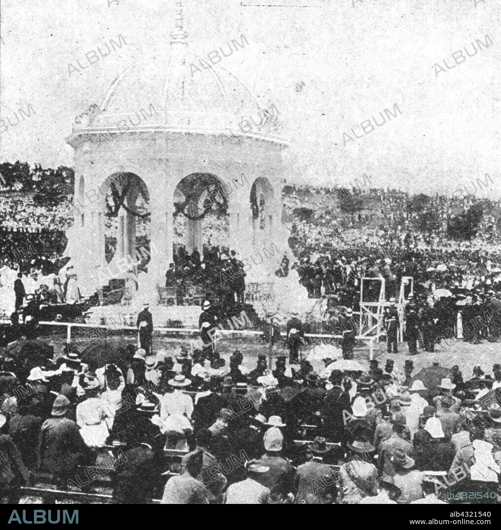 'The Federation of Australia, 1901: The Ceremony of Signing the Oath by Lord Hopetoun at Sydney on New Year's Day', 1901. John Hope, 7th Earl of Hopetoun (1860-1908), the first Governor-General of Australia, officiates at the Inauguration of the Commonwealth of Australia at Centennial Park, Sydney. (The Federation of Australia was the process by which the six separate British self-governing colonies of Queensland, New South Wales, Victoria, Tasmania, South Australia, and Western Australia, agreed to unite and form the Commonwealth of Australia). From "The Illustrated London News Record of the Glorious Reign of Queen Victoria 1837-1901: The Life and Accession of King Edward VII. and the Life of Queen Alexandra". [London, 1901].