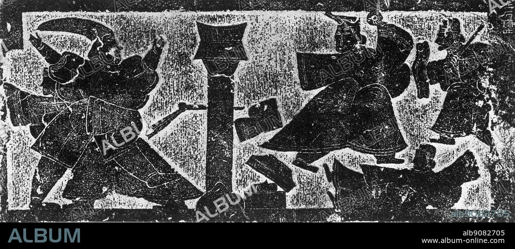 Ching K'o's attempt to assassinate the King of Ch'in.. Stone relief from the Wu Liang Tomb, Shantung (cAD 150) Ching K'o on the left, with outstretched arms and hair standing on end with fury, has been siezed by another man (perhaps the doctor, Hsia Wu-chu). He has just hurled his dagger at the King of Ch'in so fiercely that its tassel flies out almost horizontally and it completely pierces an intervening pillar. To the right stands the King of Ch'in (the later First Emperor of Ch'in), holding aloft a jade disk as insignia of authority. Part of his sleeve, torn off in the struggle, lies on the floor. Below the pillar is the box containing the head of General Fan Yu-ch'i. Ch'in Wu-yang, Ching K'o's assistant, lies terror stricken on the floor. A soldier with sword and shield rushes in from the far right.