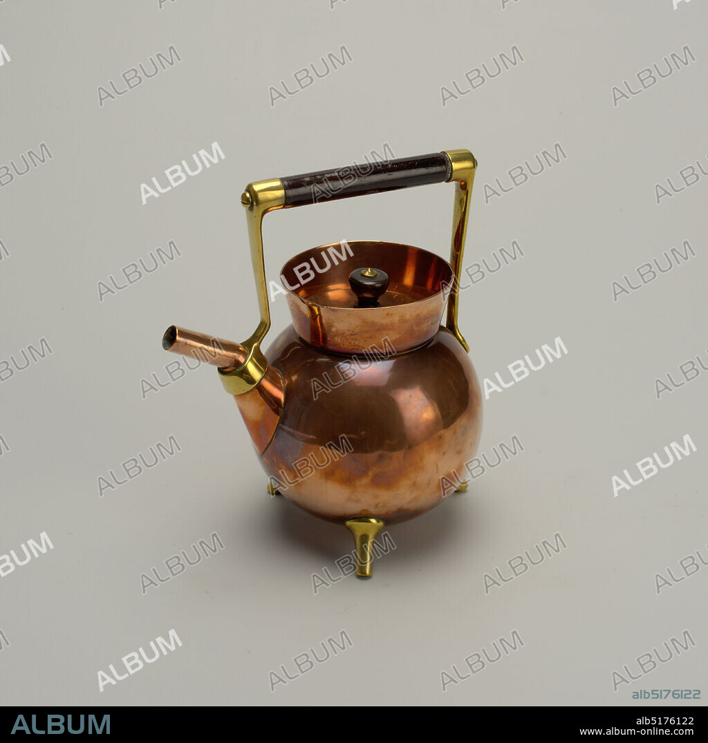 Kettle and stand, Christopher Dresser, Scottish, 1834 1904, Benham & Froud, Ltd., British, c. 1855-1924, copper, brass, ebony (kettle), wrought iron (stand), Wrought iron stand (d) on three legs, with tendril curls of iron to create struts between legs, and to form overhanging curved handle. Globular copper kettle (a) with flared neck, angled spout, and three legs, with inset lid (b) with turned ebony finial. Pot with brass handles and cylindrical ebony handle, which hangs from overhanging iron stand above a copper burner (c)., London, England, ca. 1885, metalwork, Decorative Arts, Kettle and stand.