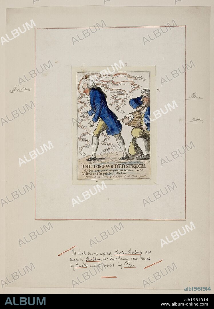 WILLIAM DENT. The Long-Winded Speech, or the oratorical organ harmonized with sublime and beautiful inflation. 1788. In this caricature, the politician and dramatist Richard Brinsley Sheridan presents his charges against Hastings to the House of Lords. Sheridan is depicted as the mouthpiece of Fox, spouting blasts of inflated accusation, fed to him through a bellows in the shape of Burke's face.  Published : 1788 . Source: P3330.