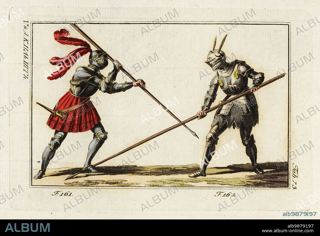 Two knights in armor on foot fighting a duel with lances in a tourney. The knight at left wears a crimson skirt over his suit of plate armor and has three crimson plumes on his helmet 161. The knight at right 162 uses his lance to parry his opponent's thrust. Copied from a woodcut by Jost Amman in Ritterliche Reutter Kunst, 1584. Handcolored copperplate engraving from Robert von Spalart's Historical Picture of the Costumes of the Principal People of Antiquity and Middle Ages, Vienna, 1802.