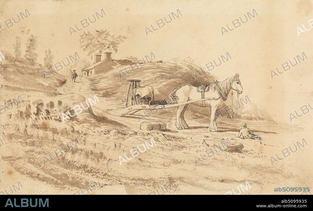 A Horse pulling a Drag, Cornelius Varley, 17811873, British, undated, Brown wash, pen and black ink and graphite on medium, slightly textured, cream wove paper mounted on medium, slightly textured, cream wove paper, Sheet: 5 7/8 x 9 3/8in. (14.9 x 23.8cm) and Mount: 7 1/4 x 10 3/4 inches (18.4 x 27.3 cm), agriculture, animal art, basket, cart, chimneys, drag (scratch tool), hill, horse (animal), house, landscape, men, road, rocks (landforms), sledge.