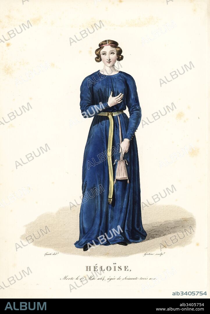 Heloise d'Argenteuil, nun, scholar and writer, best known for her romance with Abelard, died 1164. The large purse hanging from her belt is called an escarcelle (aumoniere or almoner). Handcoloured copperplate engraving by Georges Jacques Gatine after an illustration by Louis Marie Lante from Galerie Francaise de Femmes Celebres, Paris, 1827.