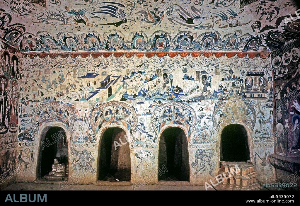 The Mogao Caves, or Mogao Grottoes (Chinese: Mògao ku) (also known as the Caves of the Thousand Buddhas and Dunhuang Caves) form a system of 492 temples 25 km (15.5 miles) southeast of the center of Dunhuang, an oasis strategically located at a religious and cultural crossroads on the Silk Road, in Gansu province, China. The caves contain some of the finest examples of Buddhist art spanning a period of 1,000 years. The first caves were dug out 366 CE as places of Buddhist meditation and worship. The Mogao Caves are the best known of the Chinese Buddhist grottoes and, along with Longmen Grottoes and Yungang Grottoes, are one of the three famous ancient sculptural sites of China. The caves also have famous wall paintings.