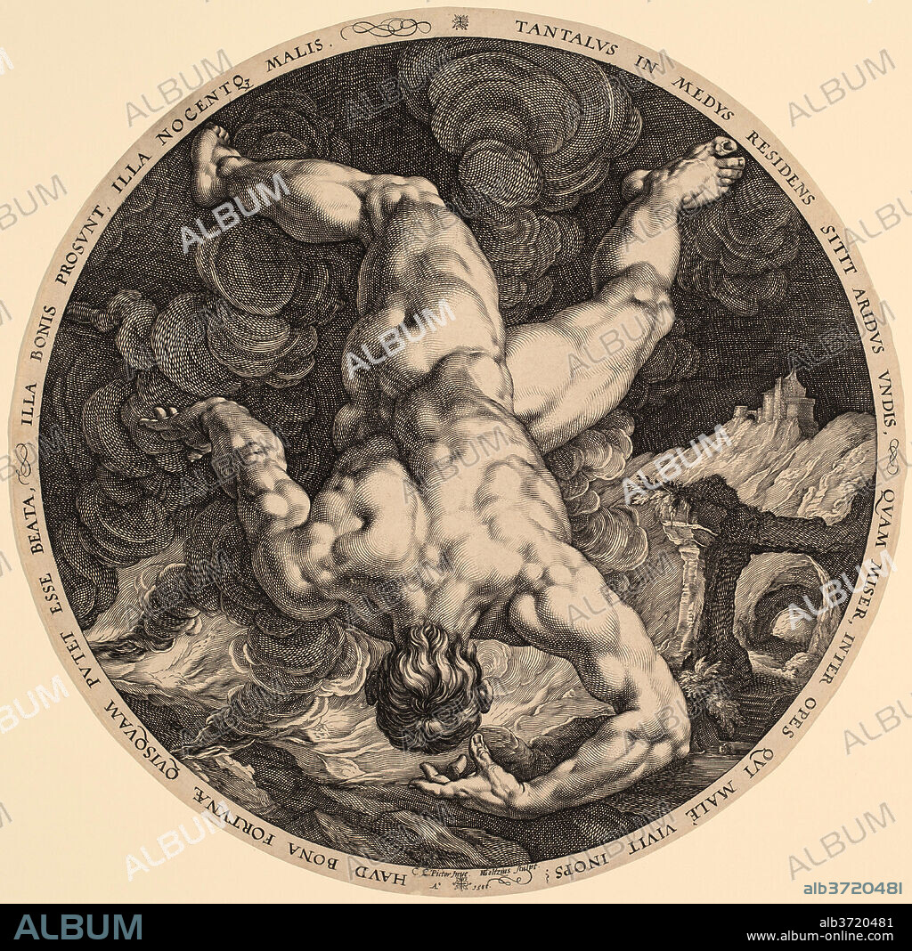 HENDRIK GOLTZIUS, AFTER CORNELIS CORNELISZ VAN HAARLEM. Tantalus. Dated: 1588. Dimensions: sheet: 33 x 33.1 cm (13 x 13 1/16 in.) (trimmed to plate mark). Medium: engraving on laid paper.