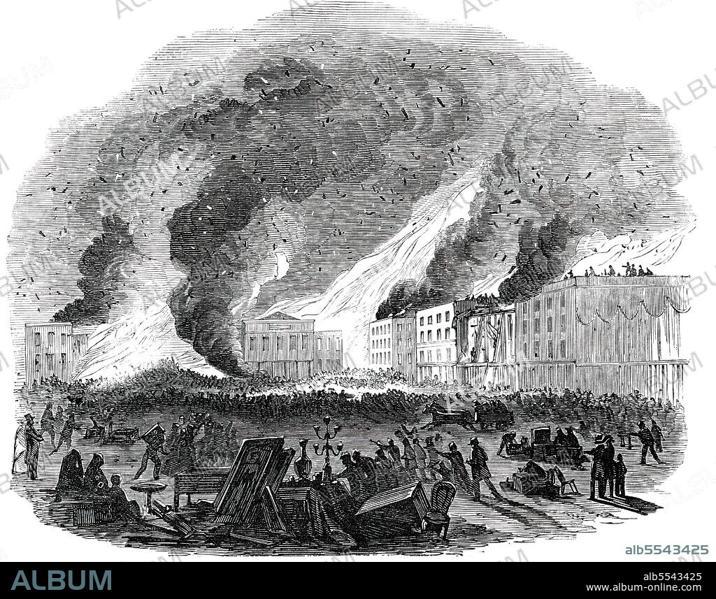 UNKNOWN. The Fourth Great Fire at San Francisco, 1850. Fire in California, USA. '..the wind increased as rapidly as the flames, whirling the black masses of smoke, the lurid sheets of fire, and immense quantities of flaming cinders, aloft and in all directions...soon the Pacific News building was in flames, and entirely consumed...it was painful to see the ejected sufferers, men, women, and children, sad and tearful, clinging to the few relicts of late fortunes and firesides. The Public Square was literally crowded with whatever could be snatched from the hungry fire. Up to a late hour last night many persons were still there, with the few remnants left of their former property and comforts...The total loss has been estimated at amounts varying from two hundred and fifty thousand to a million of dollars!'. From "Illustrated London News", 1850.