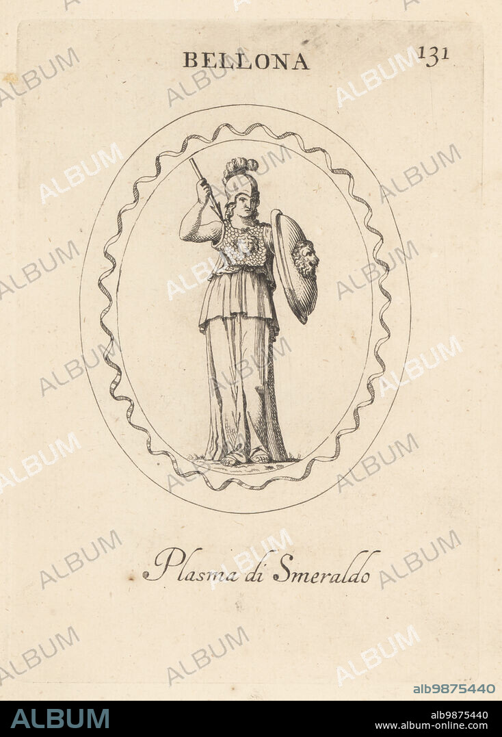 Figure of Bellona, ancient Roman goddess of war. In Pallas helmet with crest, breastplate with head of Medusa, shield with lion's head, spear In emerald plasma. Bellona. Plasma di Smeraldo. Copperplate engraving by Giovanni Battista Galestruzzi after Leonardo Agostini from Gemmae et Sculpturae Antiquae Depicti ab Leonardo Augustino Senesi, Abraham Blooteling, Amsterdam, 1685.