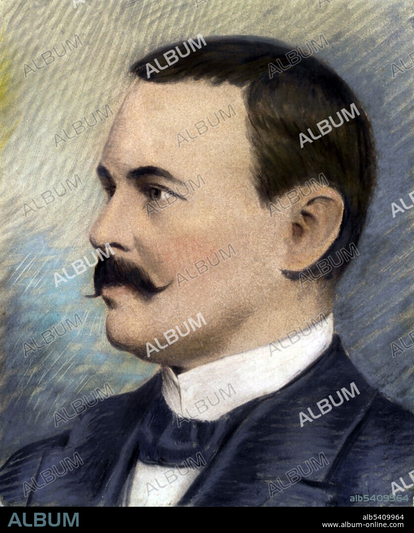 Sir Ronald Ross (May 13, 1857 - September, 16 1932) was a British doctor and polymath. He was born in India where his grandfather contracted malaria and he vowed at an early age to find a cure. At the age of eight, he was sent to England for his education. He began to study medicine in 1875, passed his final examination in 1880 and joined the Indian Medical Service in 1881. He began his research into malaria in 1892. In 1897 his discovery of the malarial parasite in the gastrointestinal tract of the Anopheles mosquito led to the realization that malaria was transmitted by Anopheles, and laid the foundation for combating the disease. In 1902, Ross was awarded the Nobel Prize in Medicine for his remarkable work on malaria. His assistant, Kishori Mohan Bandyopadhyay, was awarded a gold medal. He made many contributions to the epidemiology of malaria, methods of survey and assessment, and the development of mathematical models for the study of its epidemiology. He was a polymath, writing a number of poems, published several novels, and composed songs. He was also an amateur artist and natural mathematician. He died in 1932, after a long illness and asthma attack, at the age of 75. No artist credited, color half-tone print, undated.